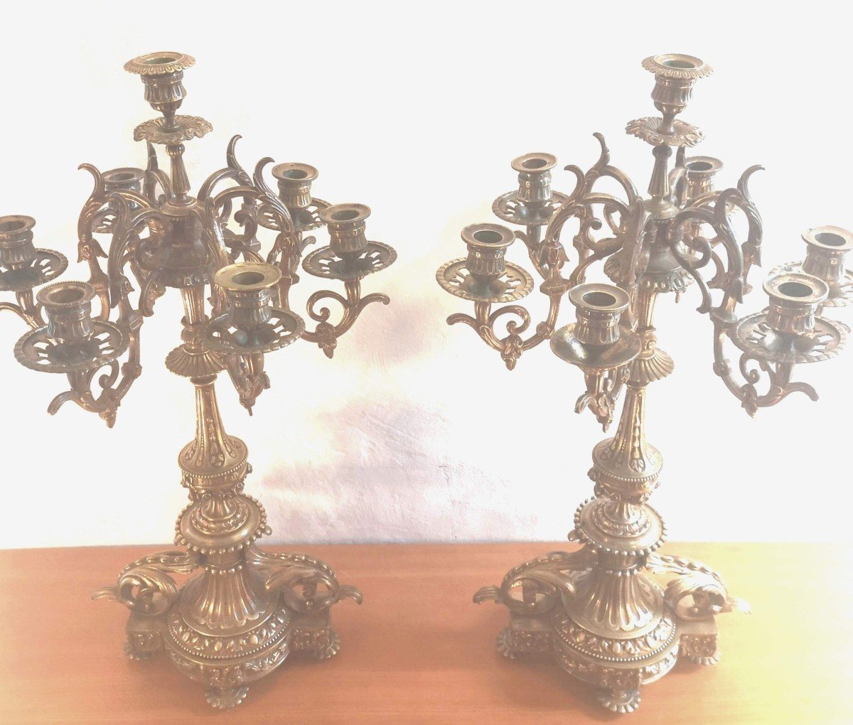 Pair Of 7-light Candelabra, Gilded Bronze, Louis XVI Style, Napoleon III Period-photo-5