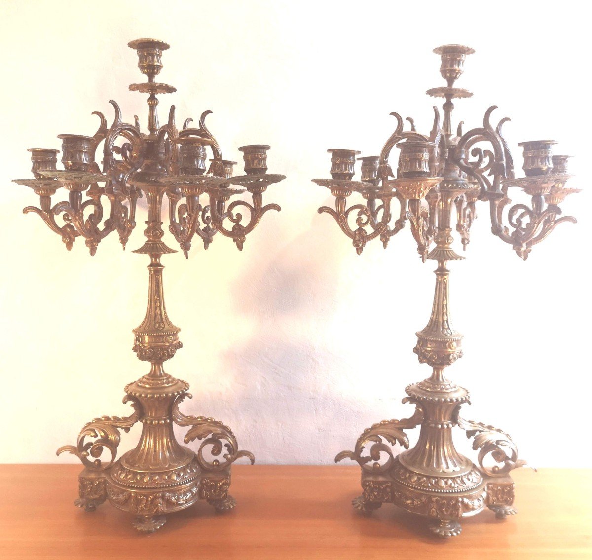 Pair Of 7-light Candelabra, Gilded Bronze, Louis XVI Style, Napoleon III Period-photo-6