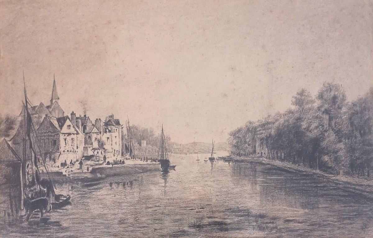 Northern School 19th Century Riverside Scene Charcoal On Laid Paper Signed E Briard-photo-2