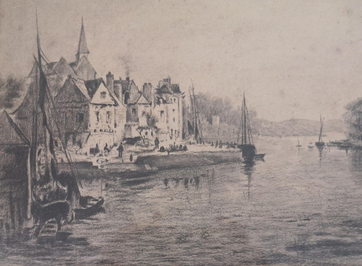 Northern School 19th Century Riverside Scene Charcoal On Laid Paper Signed E Briard-photo-3