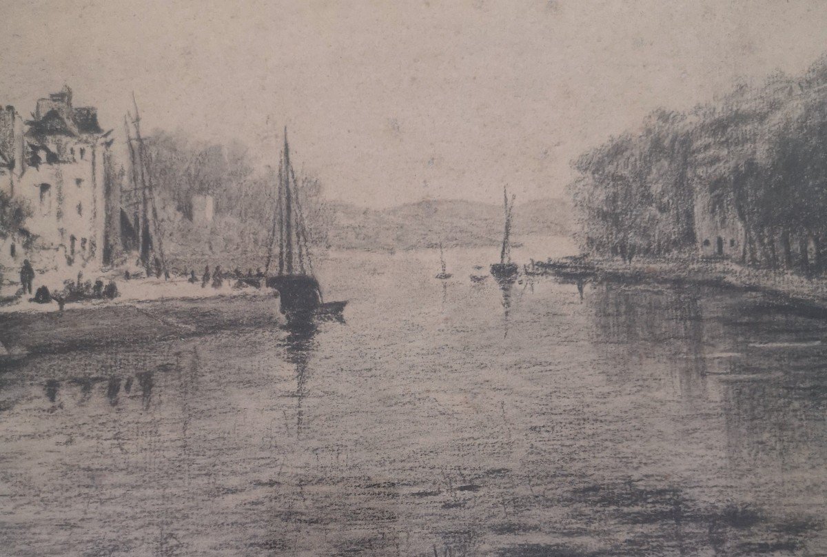 Northern School 19th Century Riverside Scene Charcoal On Laid Paper Signed E Briard-photo-4