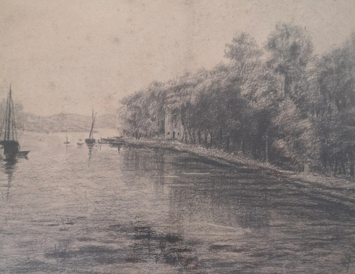 Northern School 19th Century Riverside Scene Charcoal On Laid Paper Signed E Briard-photo-1