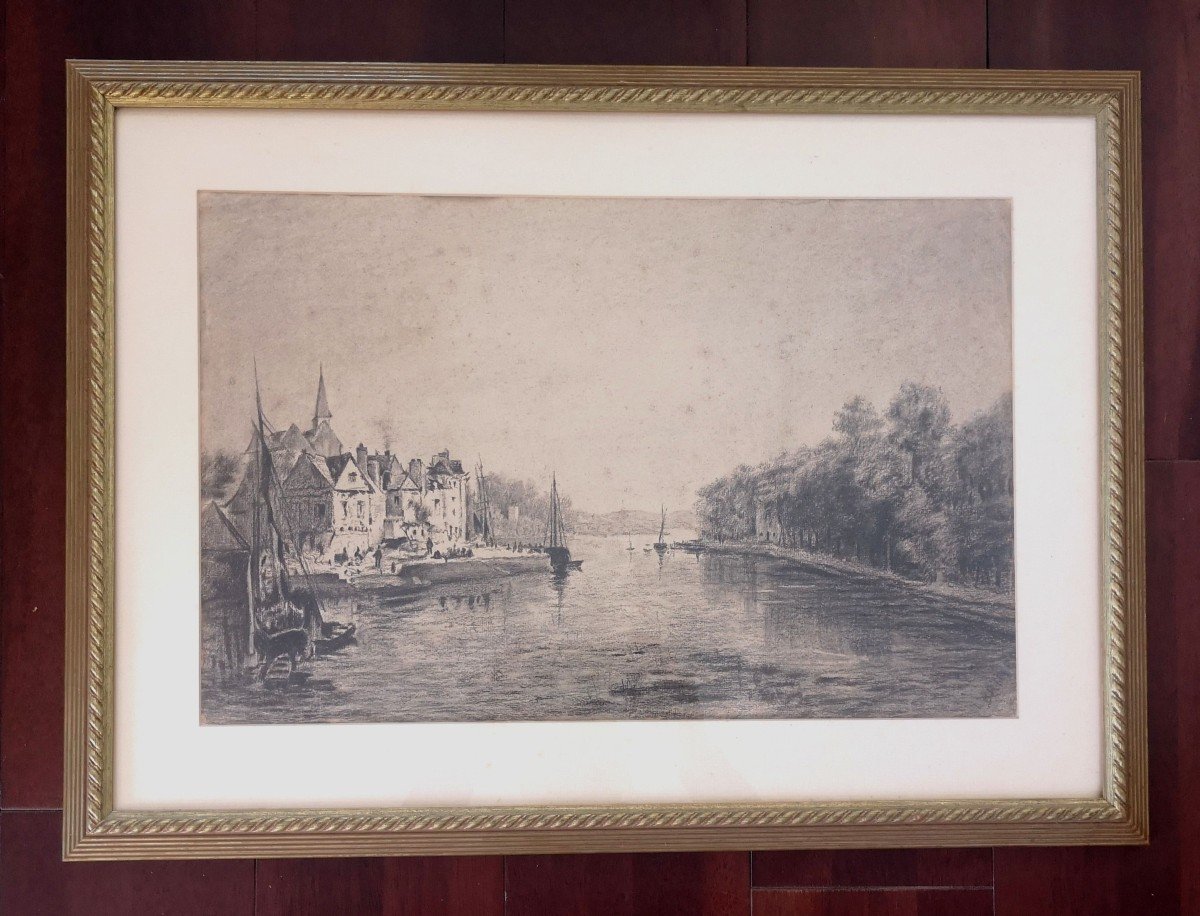 Northern School 19th Century Riverside Scene Charcoal On Laid Paper Signed E Briard