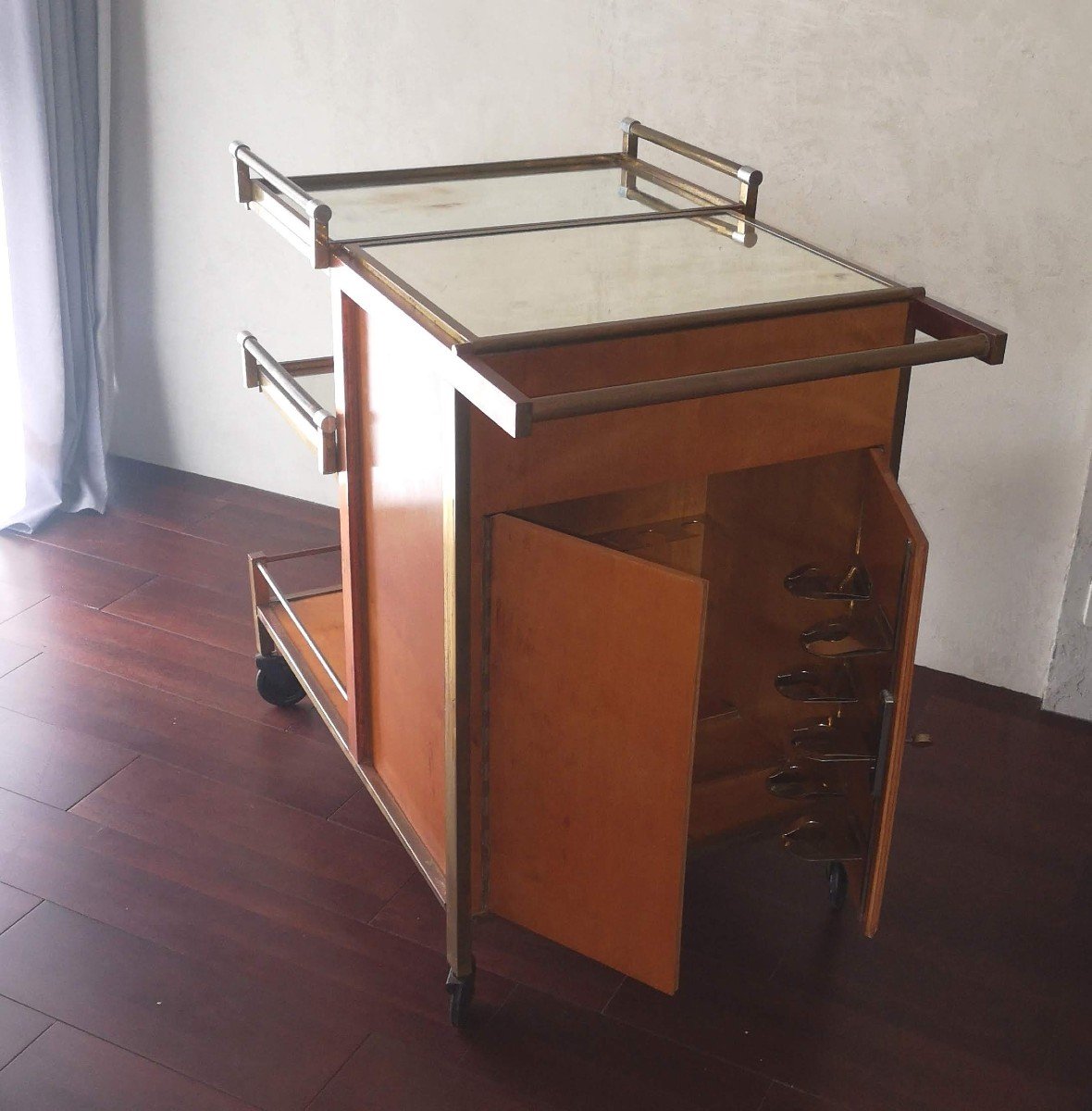 Large Art Deco Rolling Bar By Jacques Adnet Circa 1930-photo-3