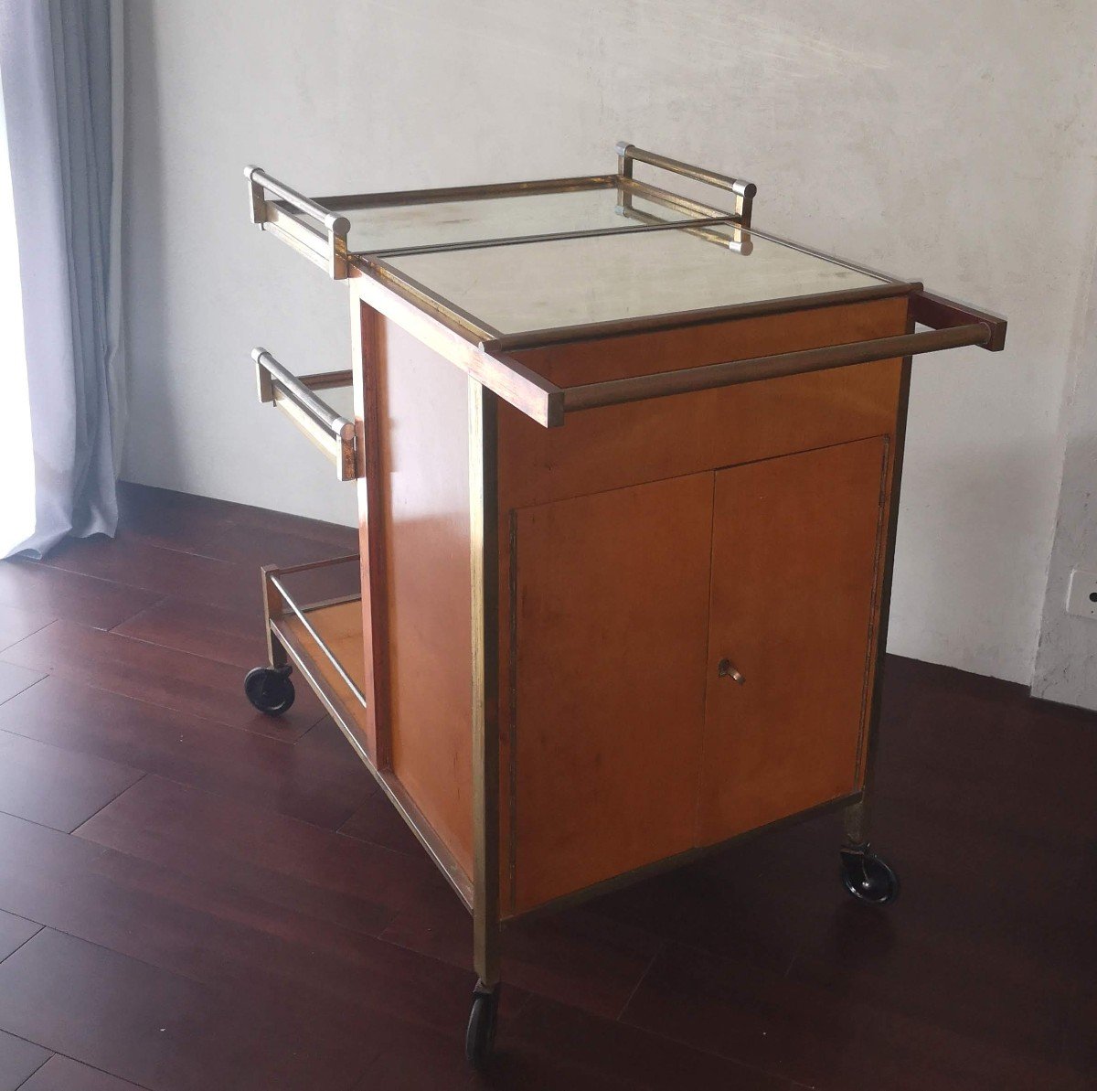 Large Art Deco Rolling Bar By Jacques Adnet Circa 1930-photo-5