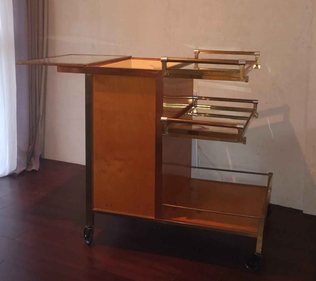 Large Art Deco Rolling Bar By Jacques Adnet Circa 1930-photo-7