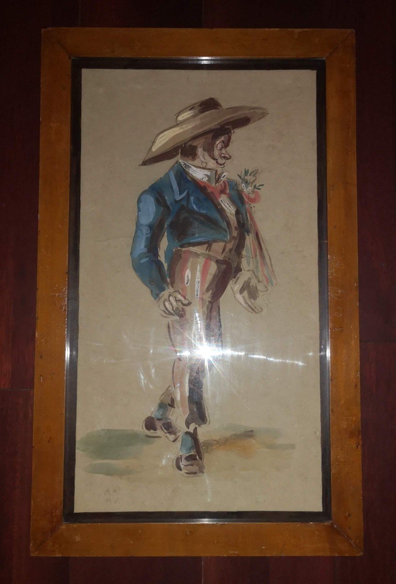 19th Century Caricatures Signed Ra Ak Watercolor & Pencil Characters 56.5 X 34.5-photo-2