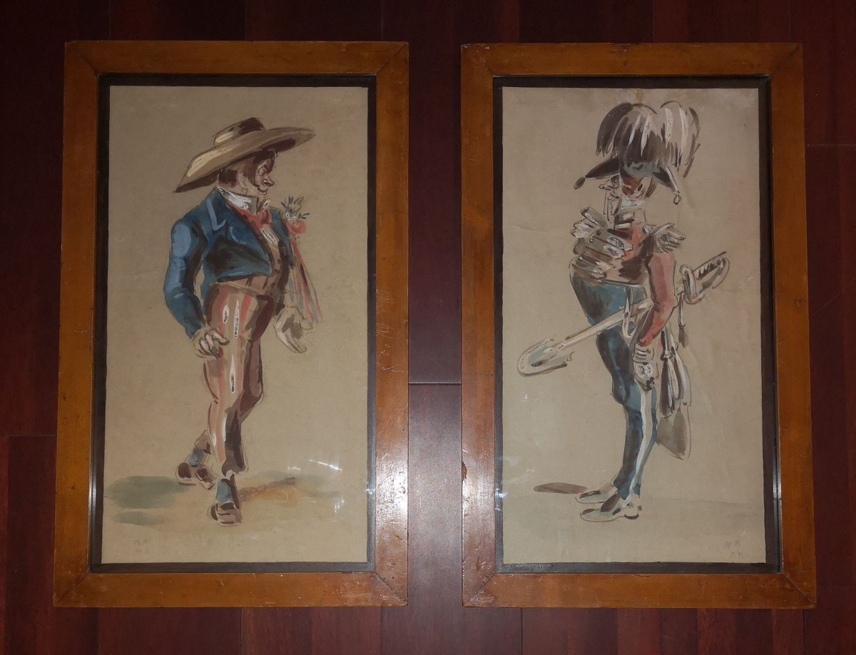 19th Century Caricatures Signed Ra Ak Watercolor & Pencil Characters 56.5 X 34.5