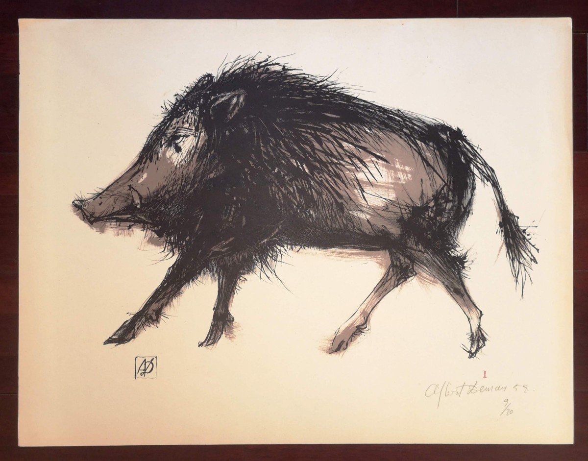 Albert Deman (1929-1996) 3 Lithos In A Portfolio Quail/hare/wild Boar 1958-photo-4