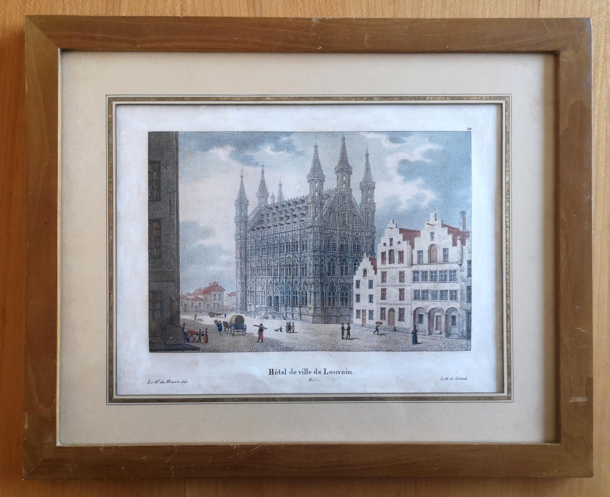 19th Century Lithograph Of The Louvain Town Hall, Watercolored By Madou, De Howen, And Jobard, 1830