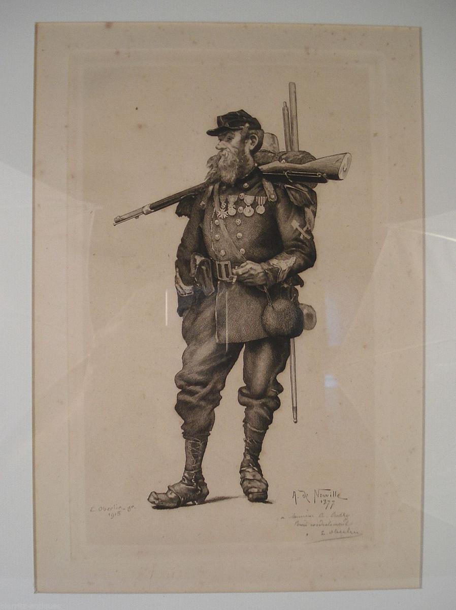De Neuville Lithography "soldier" By 1877 Oberlin With Dedication To Oudry