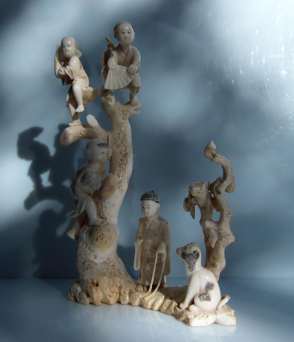 Edo Period Japan - Ivory Carved Group Of 4 Children And A Dog Perched On A Tree-photo-3