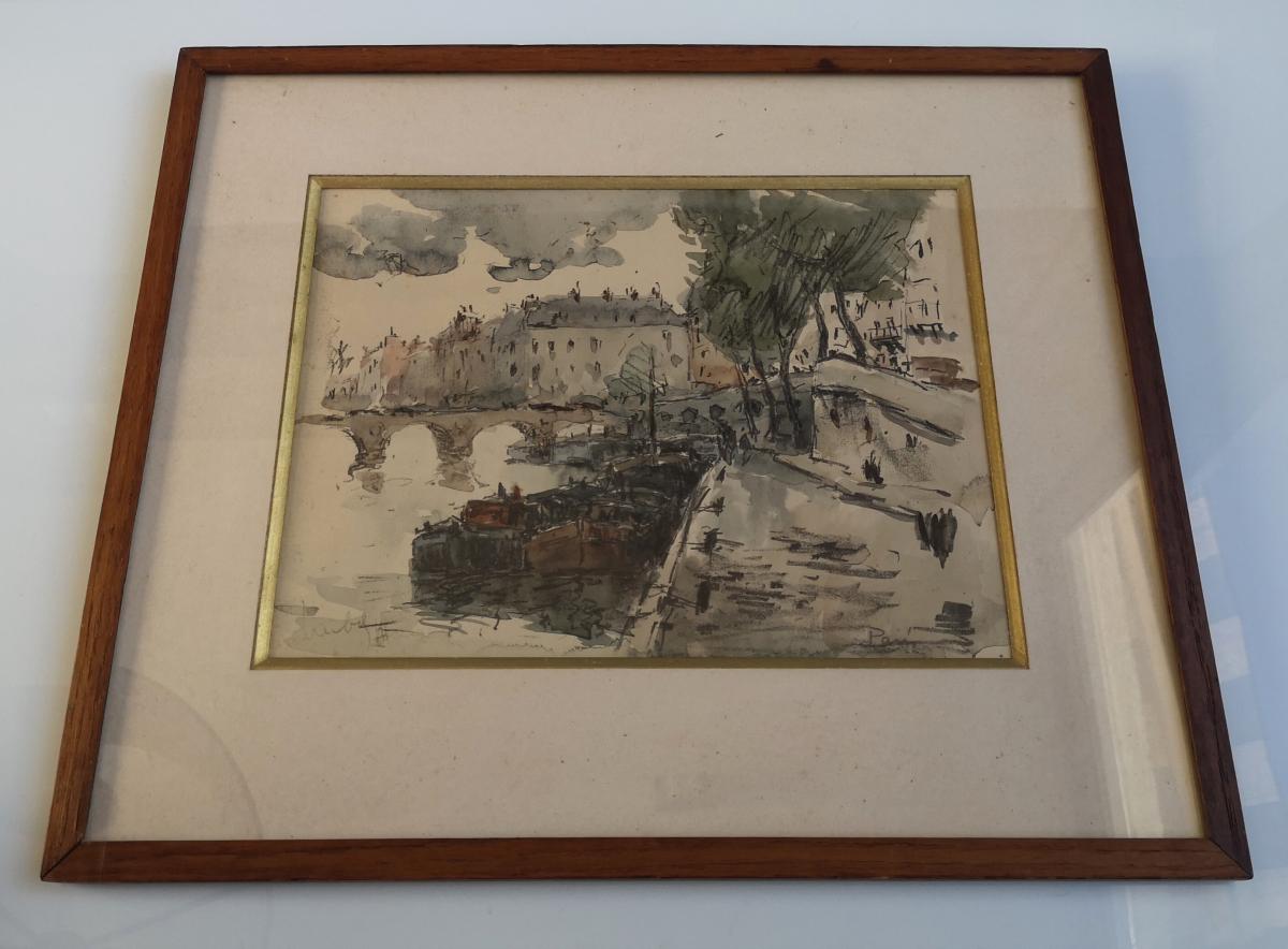 Watercolor Fernand Herbo (1905-1995) Quays-of-seine-at-the-bridge 32 X 22-photo-3