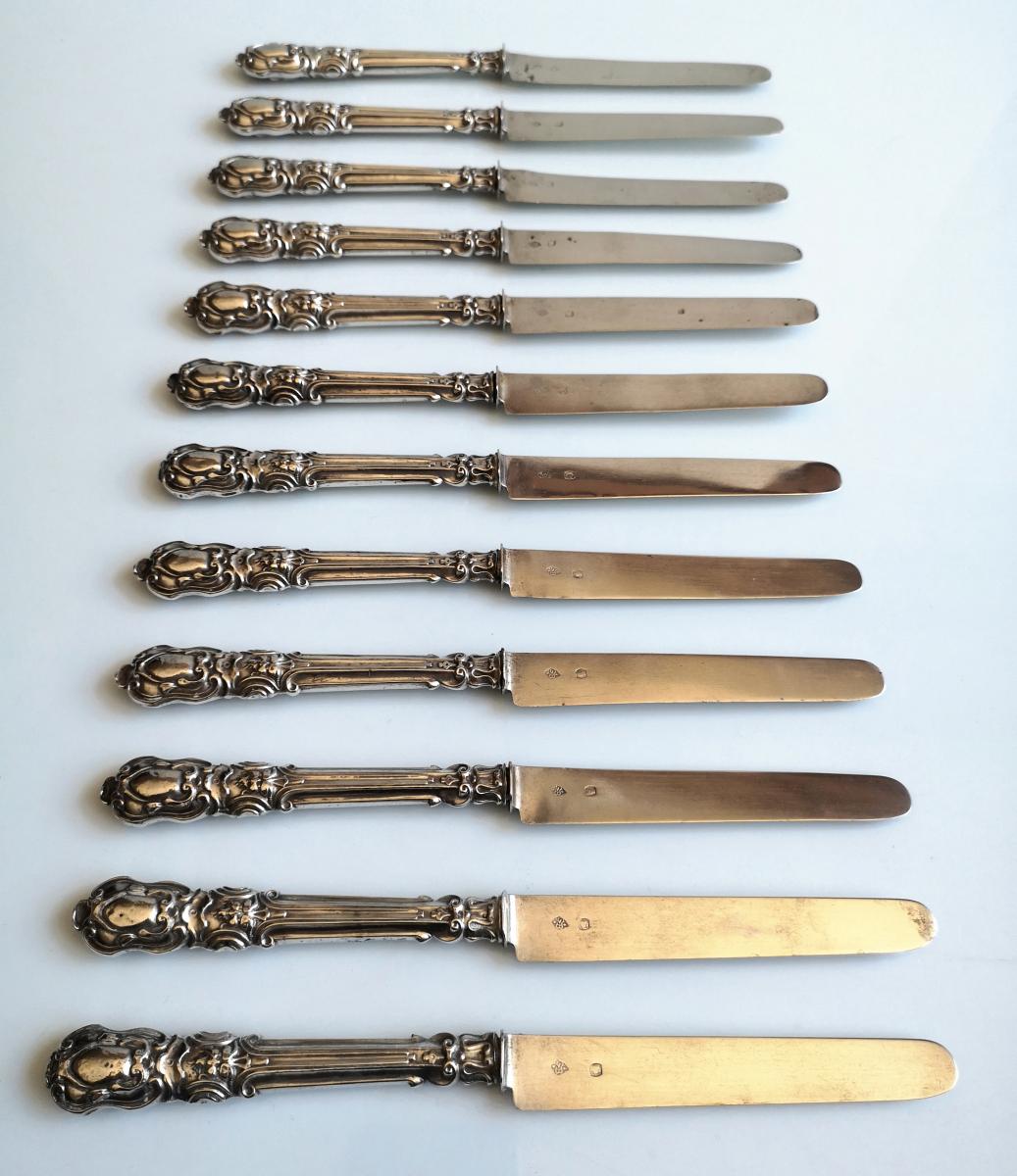 12 Louis XV Style Silver And Silver Knife Entrance Knives-photo-2