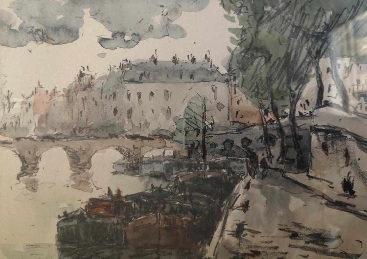 Watercolor Fernand Herbo (1905-1995) Quays-of-seine-at-the-bridge 32 X 22-photo-2