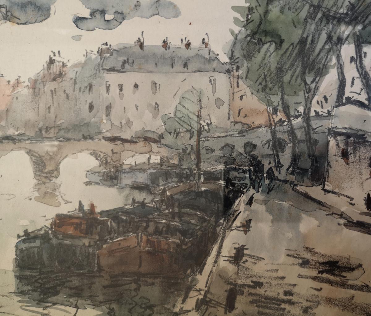 Watercolor Fernand Herbo (1905-1995) Quays-of-seine-at-the-bridge 32 X 22-photo-3
