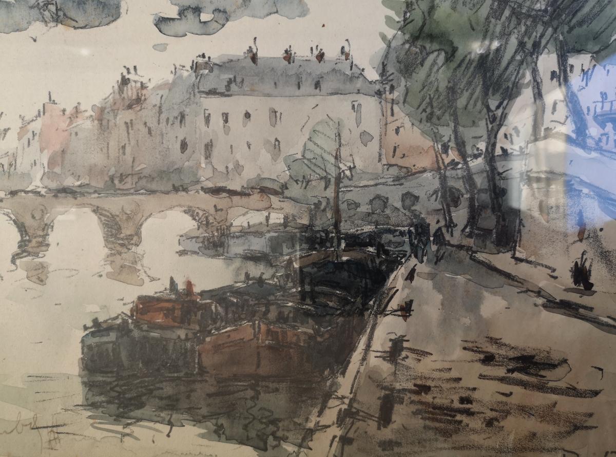 Watercolor Fernand Herbo (1905-1995) Quays-of-seine-at-the-bridge 32 X 22-photo-4