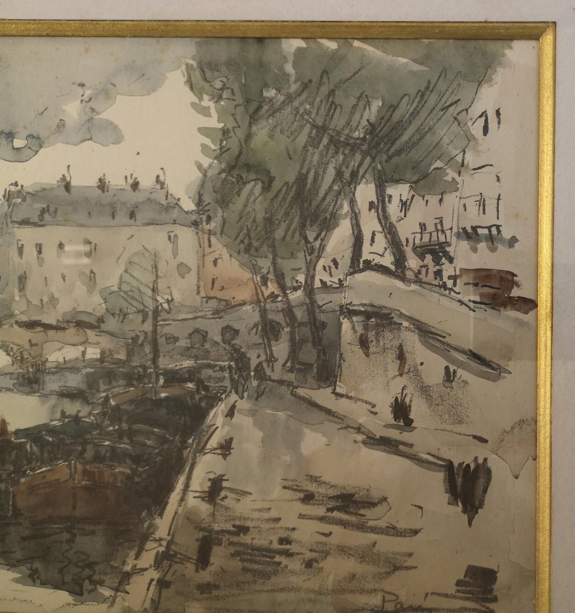 Watercolor Fernand Herbo (1905-1995) Quays-of-seine-at-the-bridge 32 X 22-photo-5