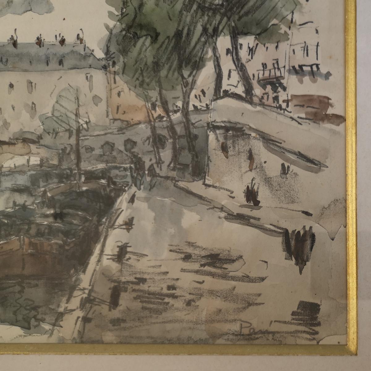 Watercolor Fernand Herbo (1905-1995) Quays-of-seine-at-the-bridge 32 X 22-photo-7