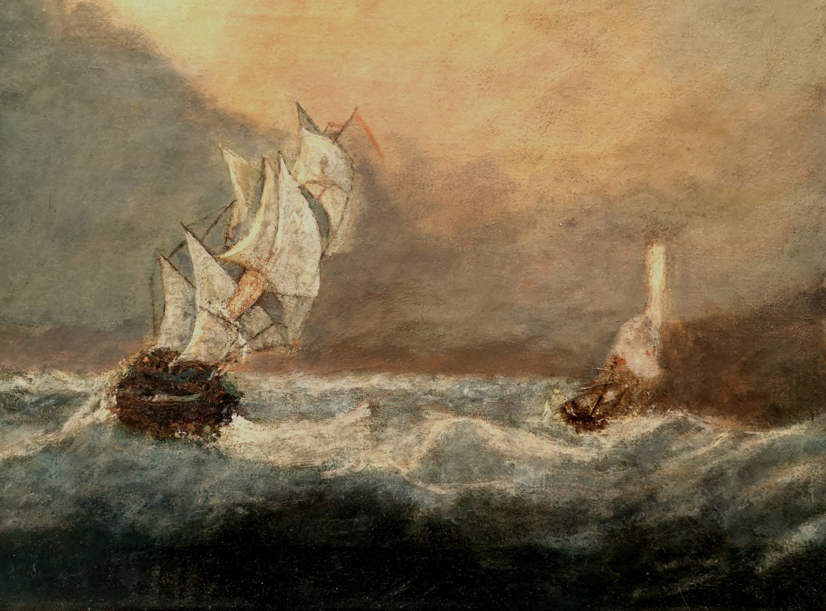 Dutch School Ships In The Storm Hst 40 X 50 End XIX-photo-3