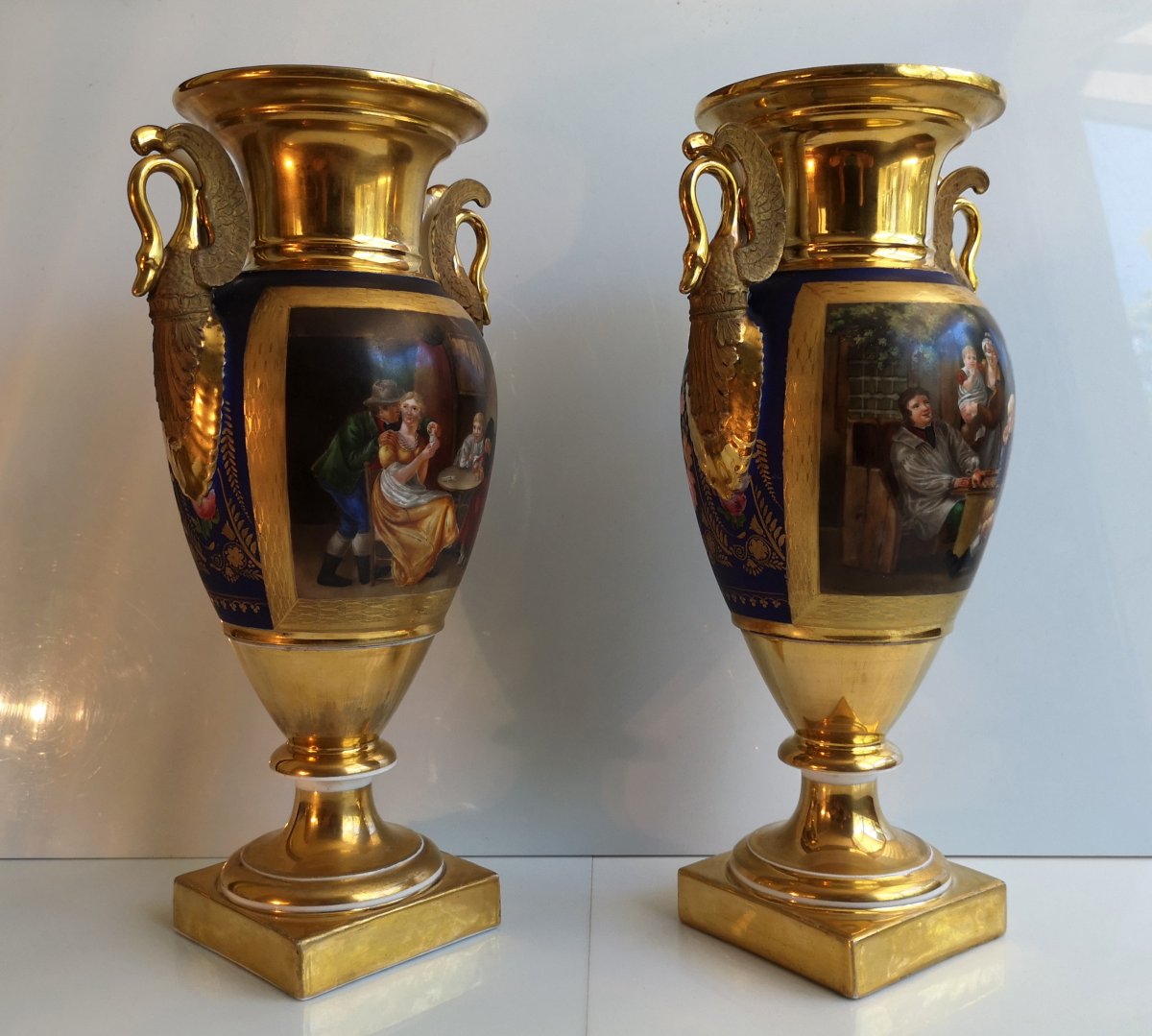 Debut XIX° Exceptionnelle Paire De Grands Vases Paris Epoque Empire Haut: 37.5  Cm-photo-1