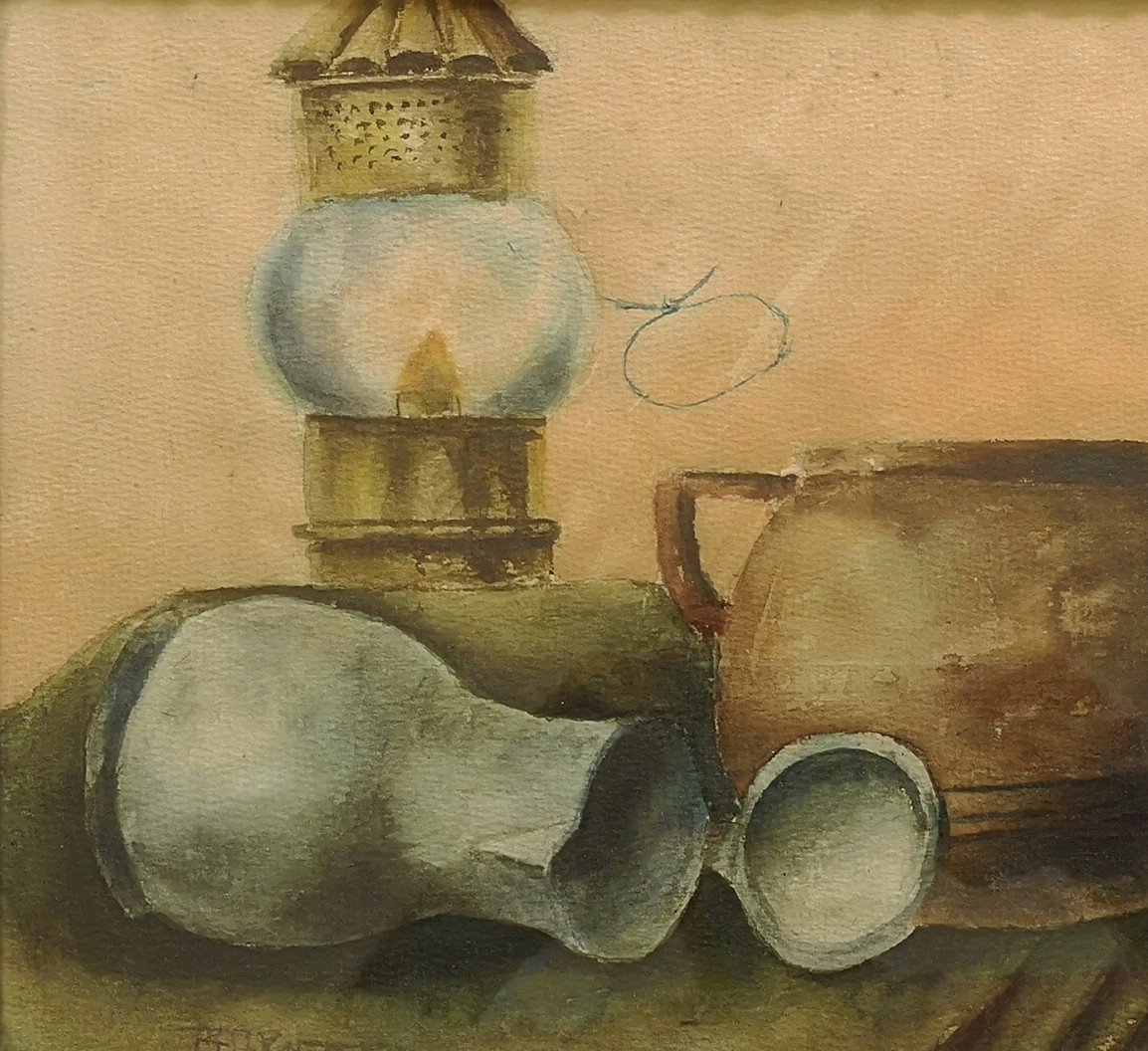 Raf Steed Aquarelle - Nature Morte à La Lampe à Huile 1925 - Ecole Belge -photo-5