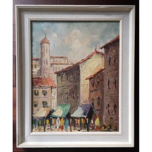 Village In Provence, Market, Hst Sbd With Frame 50 X 60 1950