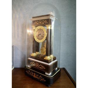 Charles X Portico Clock Pendulum In Marquetry Under Original Globe