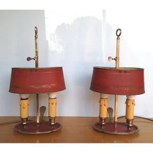 Pair Of Two-light Bouillotte Lamps, In Bronze And Painted Sheet Metal, Louis XV Style