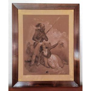 XIX Cochinchina Campaign Charcoal Drawing Militaria Signed Lacroix 1858