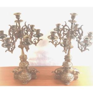 Pair Of 7-light Candelabra, Gilded Bronze, Louis XVI Style, Napoleon III Period