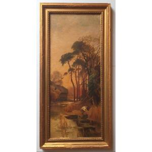 XIX° Oil On Panel Harvesting Reeds Lake Landscape Signed E (eugène?) Vidal