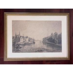 Northern School 19th Century Riverside Scene Charcoal On Laid Paper Signed E Briard