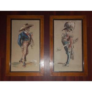 19th Century Caricatures Signed Ra Ak Watercolor & Pencil Characters 56.5 X 34.5