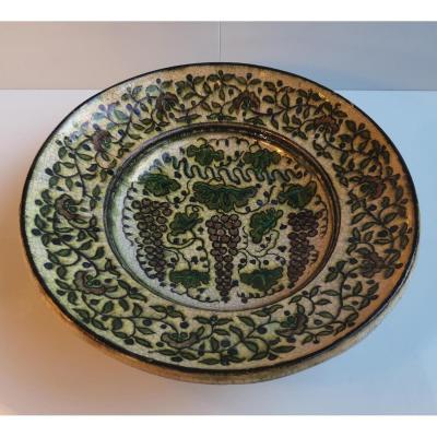 Raoul Lachenal (1885-1956) Large Flat Hollow Faience Decor Stylized Pampres 35 Cm