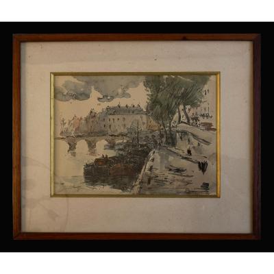Watercolor Fernand Herbo (1905-1995) Quays-of-seine-at-the-bridge 32 X 22