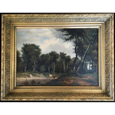 XIX ° Barbizon Joly A Animated Landscape With The Cart And Peasants Hst 35 X 45