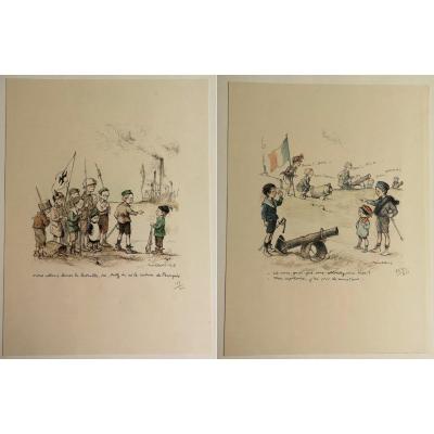 Francisque Poulbot 1879-1946 Portfolio-18-lithos-1915-children's-games-war-