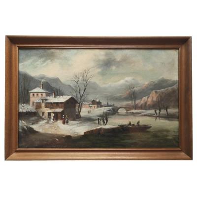 French School XIX ° Animated Landscape Savoy Winter 1881 Hst