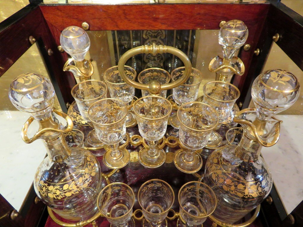 Napoleon III Black And Bronze Liquor Cellar Tantalus Box Golden Crystal -photo-3