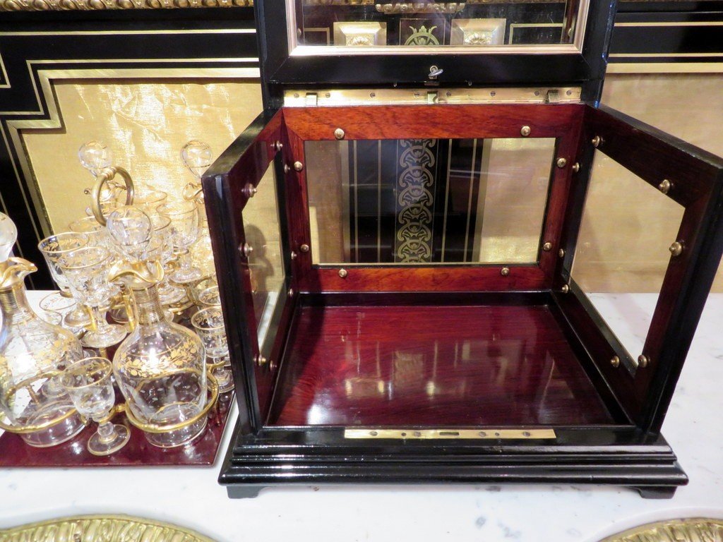 Napoleon III Black And Bronze Liquor Cellar Tantalus Box Golden Crystal -photo-2