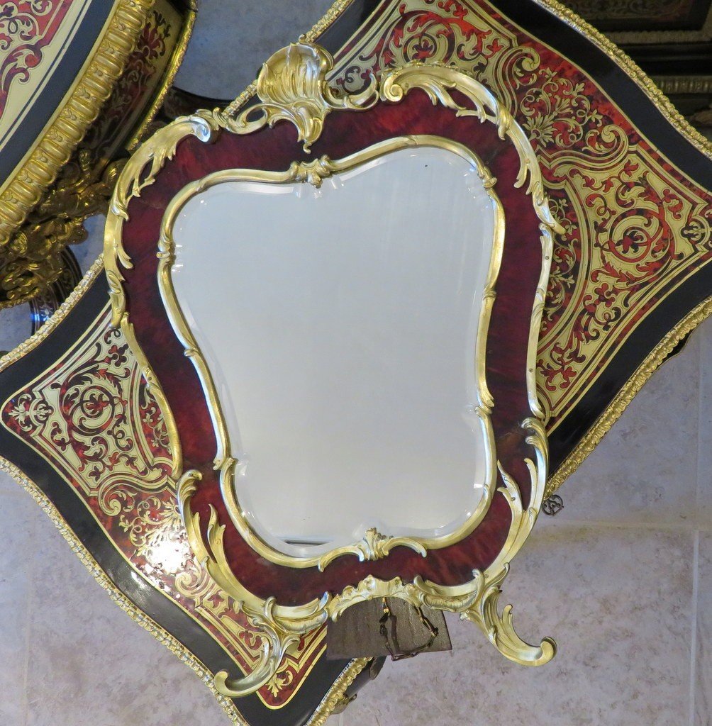 Miroir Louis XV Avec Cadre En Marqueterie Boulle d'époque Napoléon III-photo-6