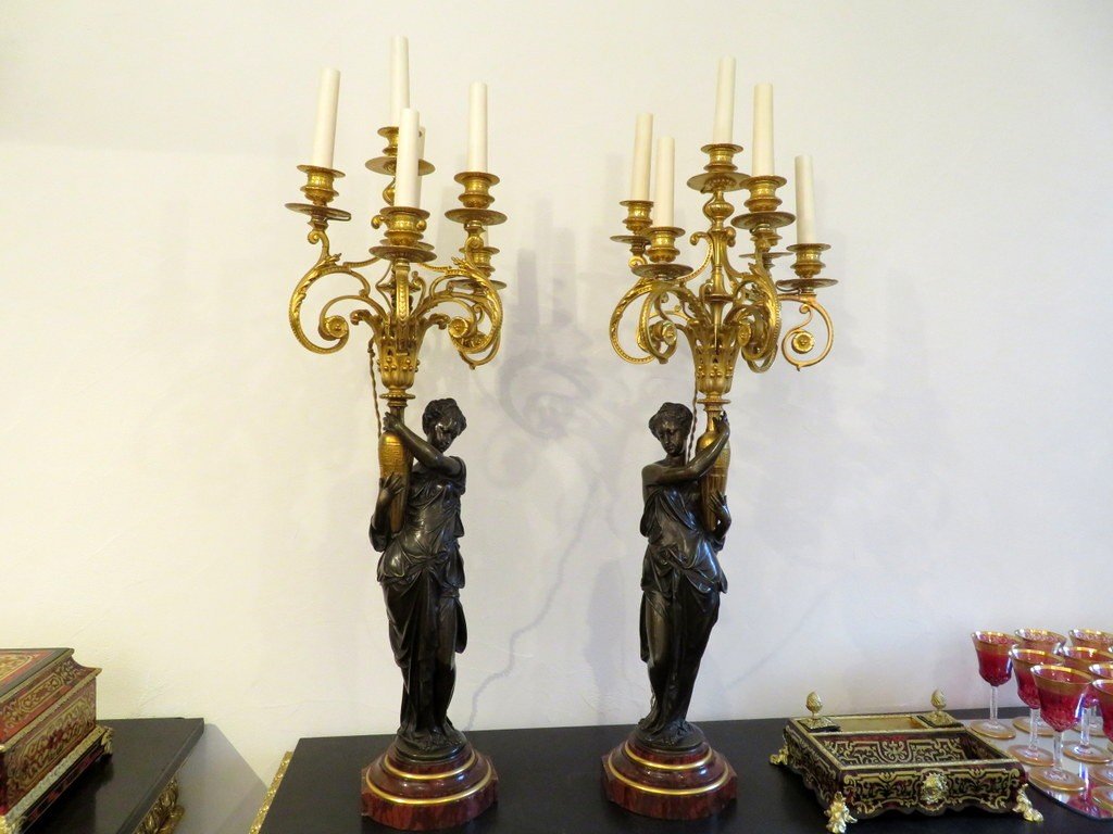 Paire De Candélabres Avec Porteuses d'Eau En Bronze époque Napoléon III 93cm électrifiés-photo-4