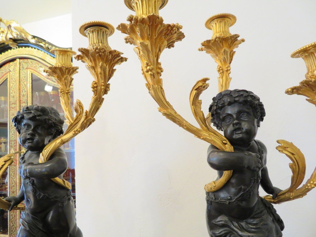 Pair Of Candelabra On Column  61 Cm  Clodion Style  In Bronze First  XXe-photo-4