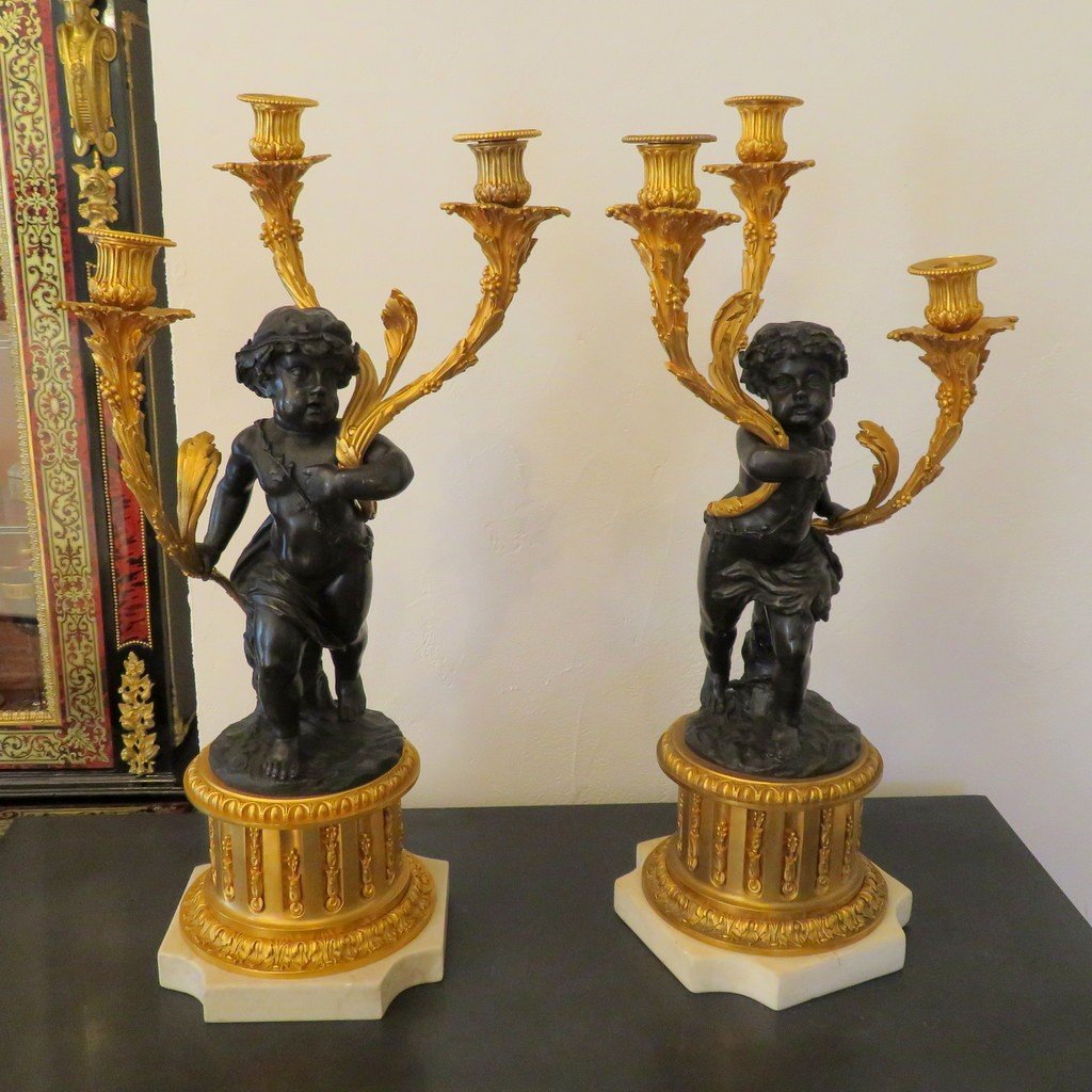 Pair Of Candelabra On Column  61 Cm  Clodion Style  In Bronze First  XXe