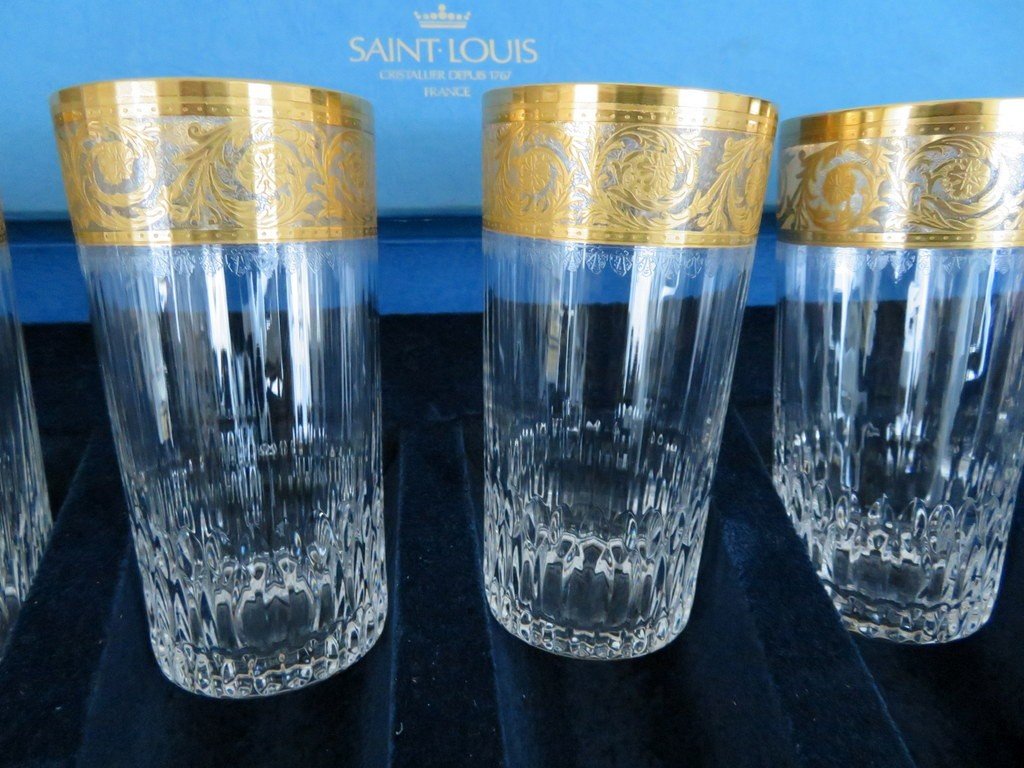 New  6 Highballs With Box In Crystal  Original Saint Louis Thistle Gold Crystal Signed-photo-2