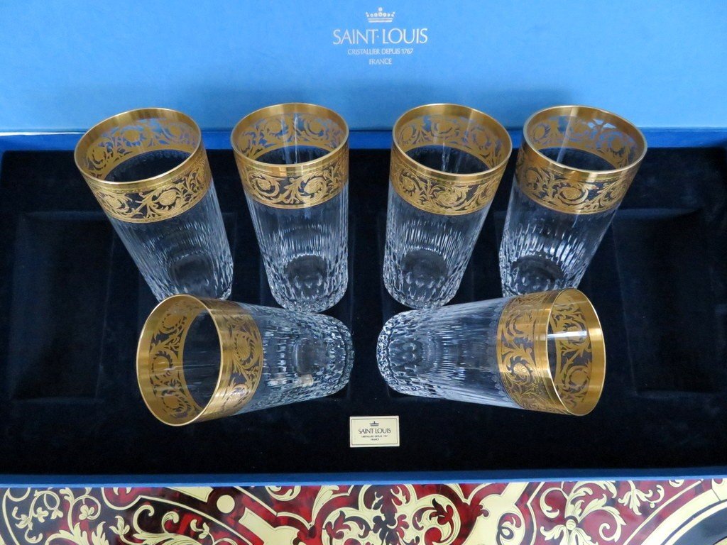 New  6 Highballs With Box In Crystal  Original Saint Louis Thistle Gold Crystal Signed-photo-4