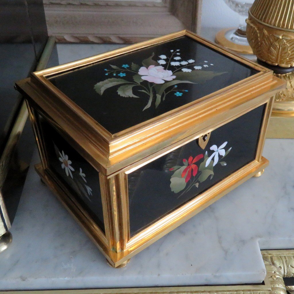 Jewelry Box Bronze And Hard Stone Marquetry Scagiola 19th