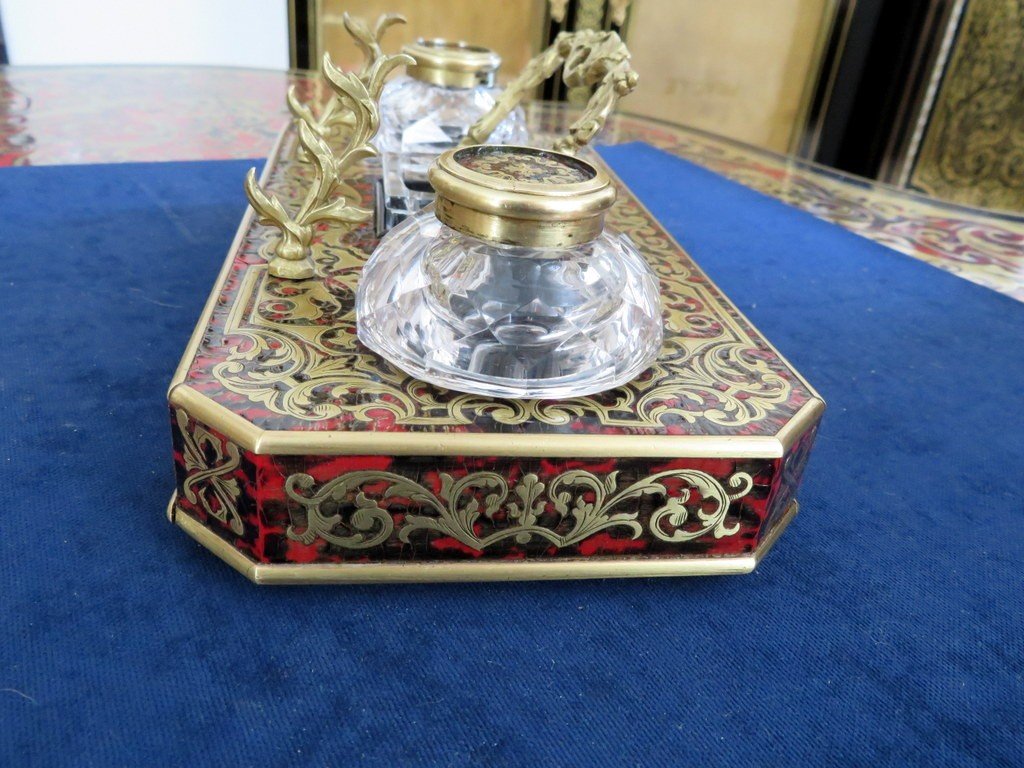 Inkwell  Marquetry Boulle Crystal Inkwell Napoleon III Period-photo-3