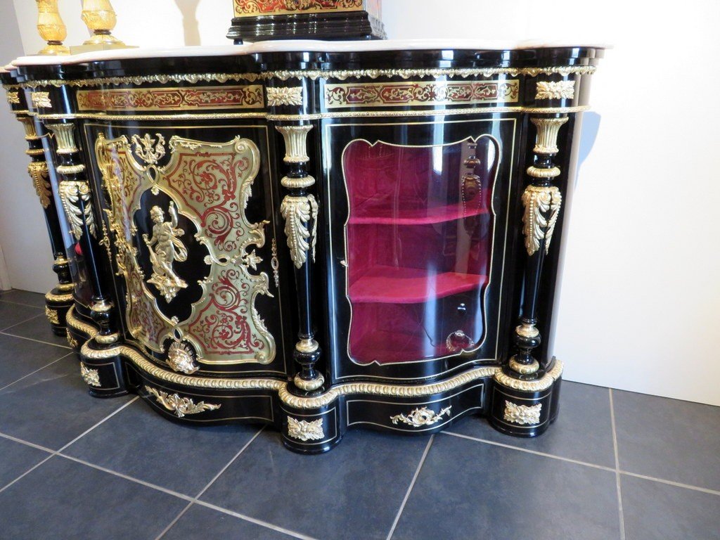 Stamped Blaise Millet Impressive French Credenza 3 Doors In Marquetry Boulle 19th Napoléon III Period-photo-2